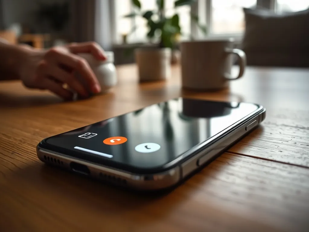 Smartfon z nieznanym numerem na ekranie, dzwoniący na stole, ręka sięga po telefon w domowym otoczeniu.