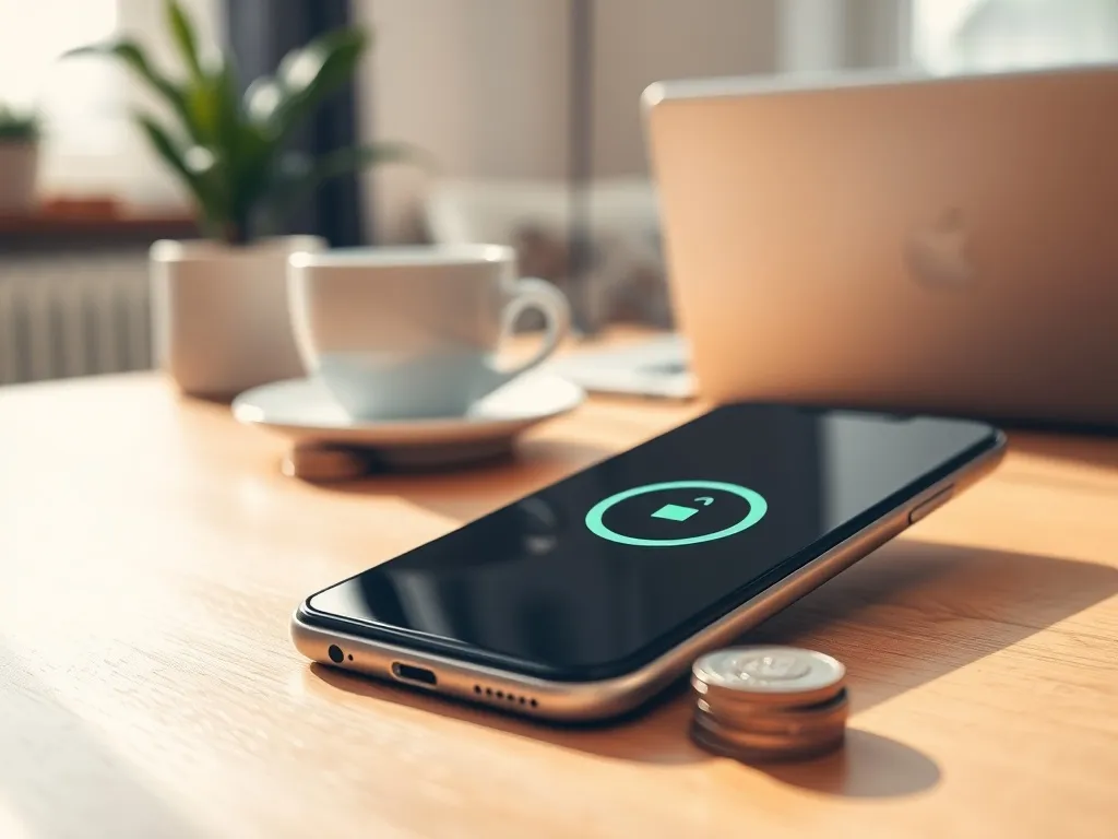 Smartfon na stole obok monet i kubka kawy, w tle domowe wnętrze – symboliczne oszczędzanie i ważność konta w Plusie.
