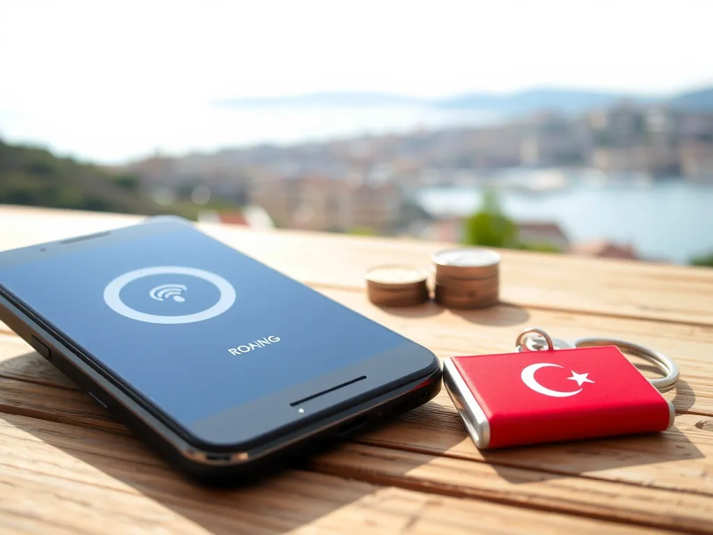 Smartfon z ikoną roamingu obok monet i breloka z flagą Turcji na tle tureckiego miasta nad morzem