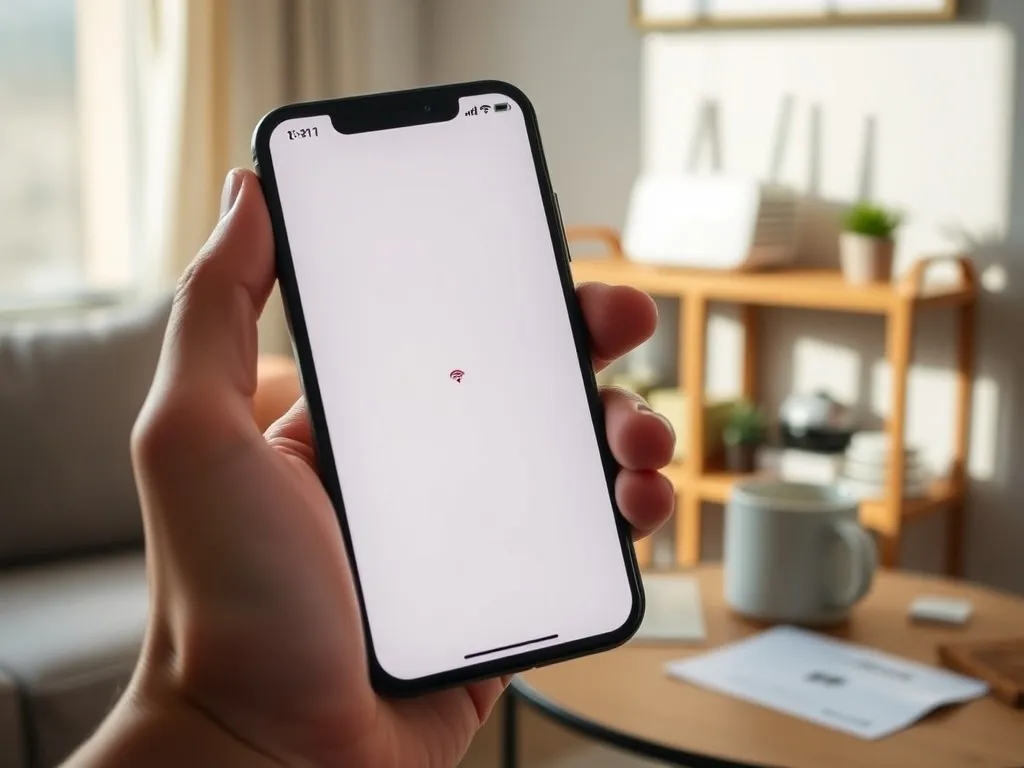 Smartfon z pustą stroną w przeglądarce i ikoną błędu, w tle domowe Wi‑Fi, sugerujący problem z otwieraniem stron.