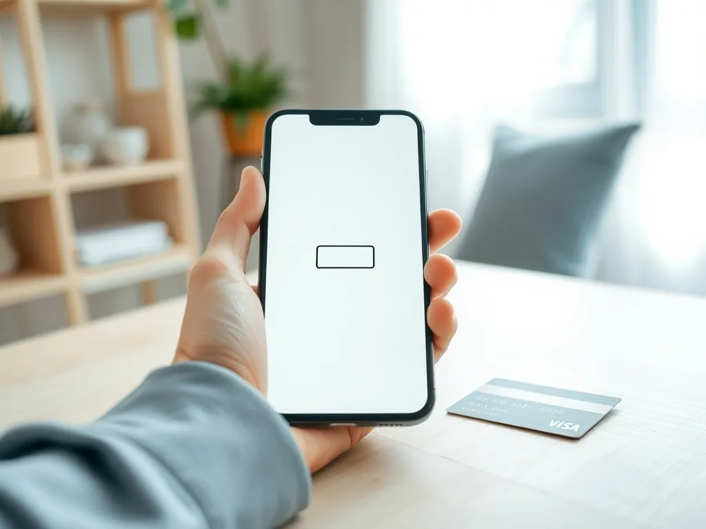 Smartfon na stole obok karty płatniczej, sugerujący łatwe doładowanie telefonu Plus w domowych warunkach