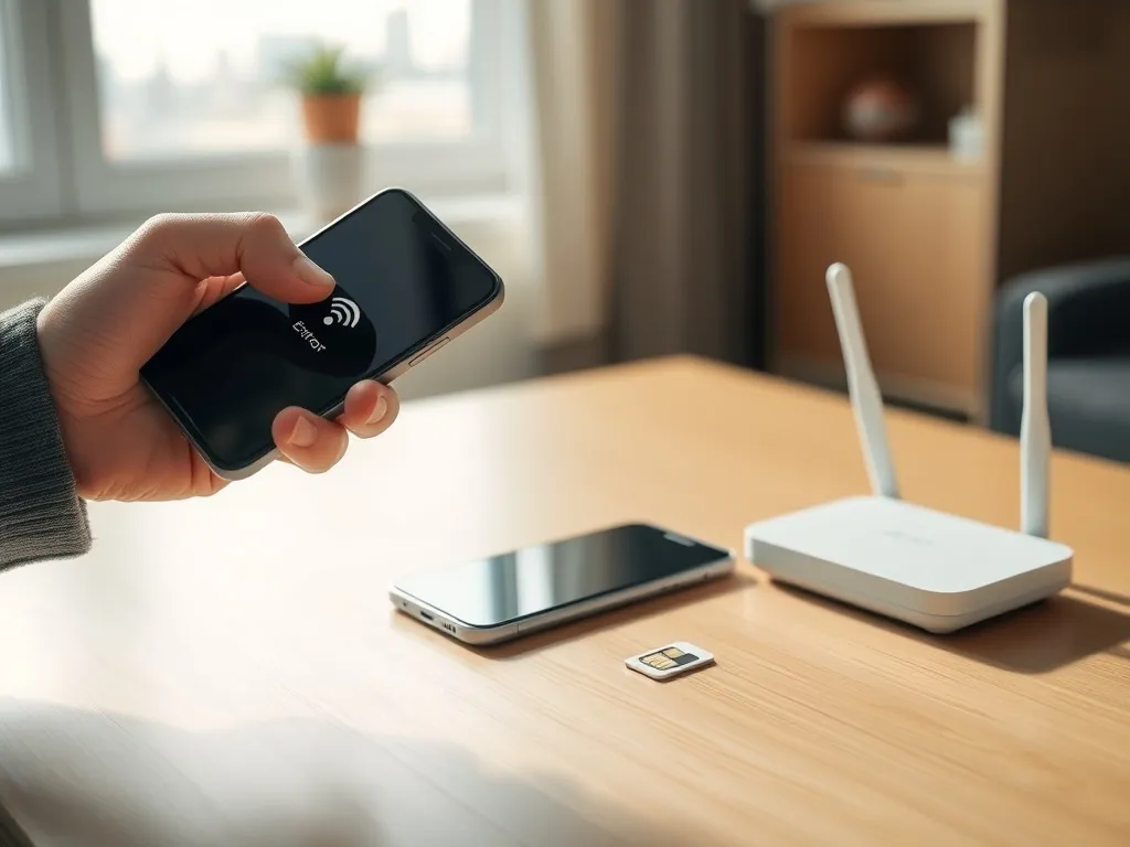 Smartfon z wyświetlonym błędem połączenia, obok karta SIM i router, ilustrują problem z kodem MMI lub siecią.
