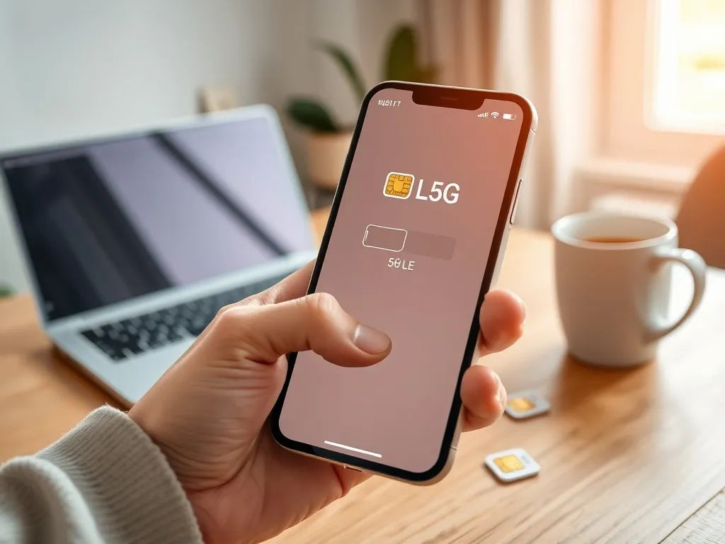 Smartfon z pełnym zasięgiem 5G/LTE na stole obok karty SIM, symbolizujący wybór najlepszej sieci komórkowej w Polsce