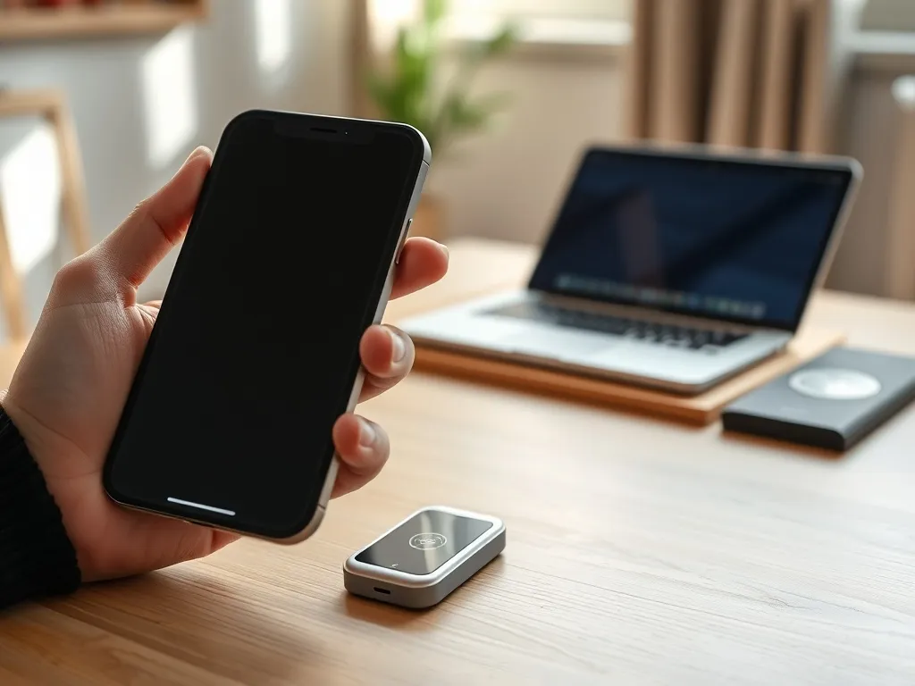 iPhone z włączonym ekranem zbliżany do terminala NFC na drewnianym stole w domowym, minimalistycznym otoczeniu