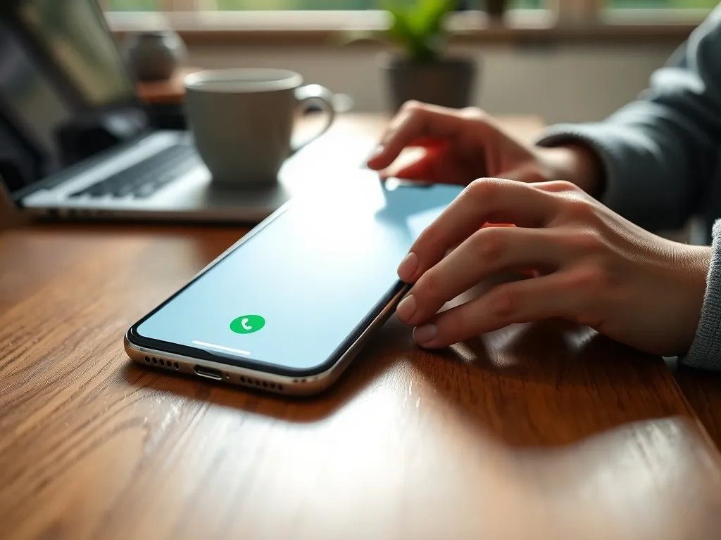 Smartfon na biurku z ikoną połączenia i odblokowanymi ustawieniami, w tle osoba zmieniająca ustawienia rozmów.