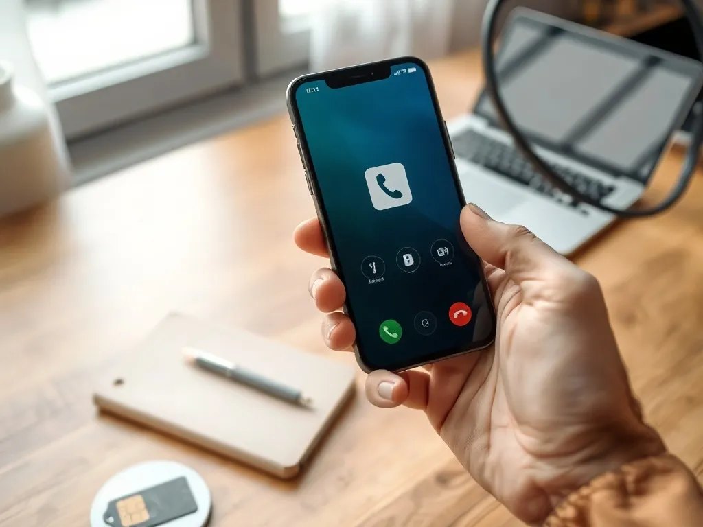 Smartfon z ekranem połączenia z nieznanym numerem na biurku obok karty SIM, symbolizujący ustalanie sieci numeru.
