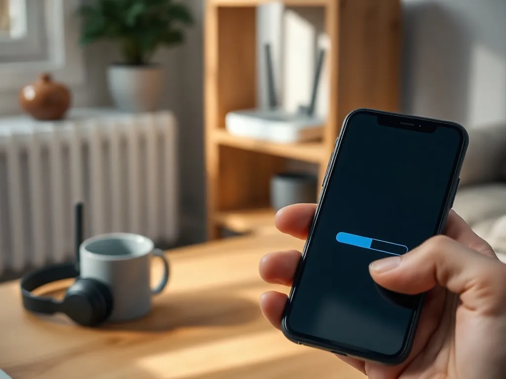 Smartfon z słabym zasięgiem i ikoną ładowania, na stole obok słuchawek i kawy, w tle widoczny router Wi‑Fi