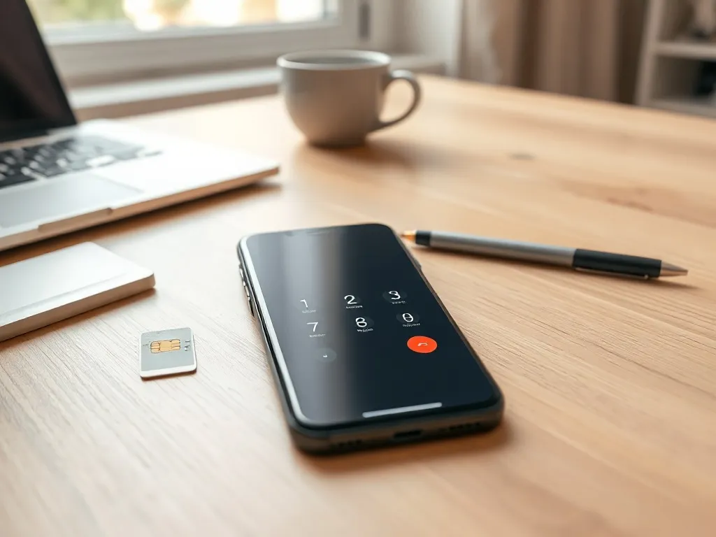 Smartfon z otwartym dialerem obok karty SIM na biurku, symbolizujący sprawdzanie, w jakiej sieci jest numer