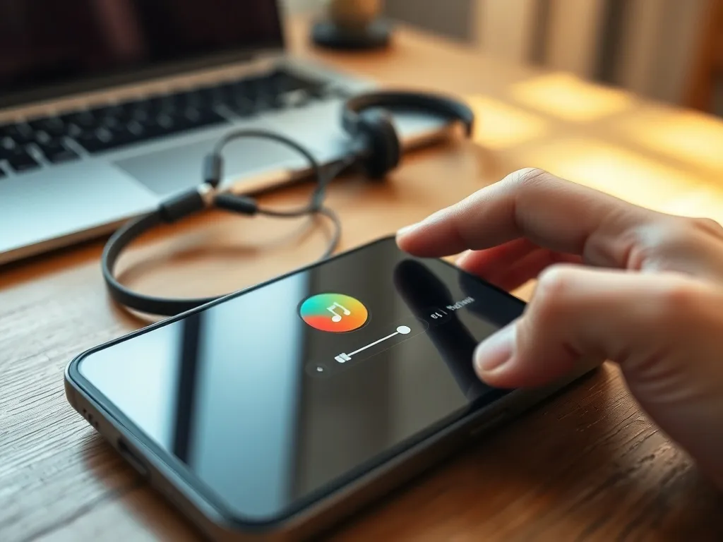 Smartfon na biurku z otwartym odtwarzaczem, użytkownik zmienia ustawienia, w tle laptop i słuchawki.