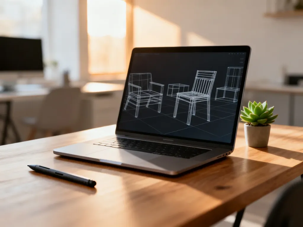 Nowoczesny laptop z projektami mebli 3D na drewnianym biurku w jasnym, profesjonalnym biurze.