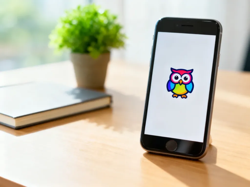 Smartfon z maskotką Duolingo na ekranie leżący na biurku, symbolizujący naukę języków w systemie rankingowym aplikacji.