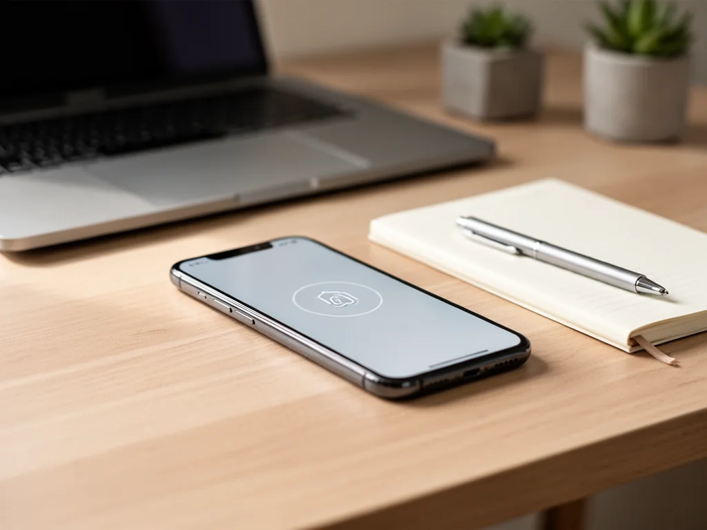 Smartfon z ikoną ustawień na biurku w domowym biurze, symbolizujący sprawdzanie znaczenia kodu błędu ##002#