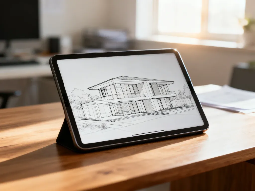 Tablet z wyświetlonym modelem 3D nowoczesnego domu na drewnianym biurku, ilustrujący proces projektowania elewacji online.