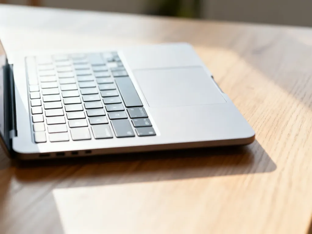 Zbliżenie na klawiaturę nowoczesnego laptopa na drewnianym biurku, ilustrujące temat odblokowywania urządzenia.