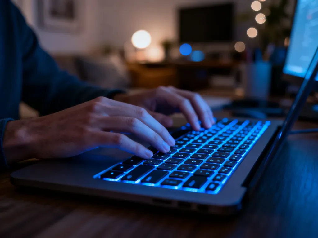 Dłonie spoczywające na podświetlanej na niebiesko klawiaturze laptopa w przyciemnionym domowym biurze.
