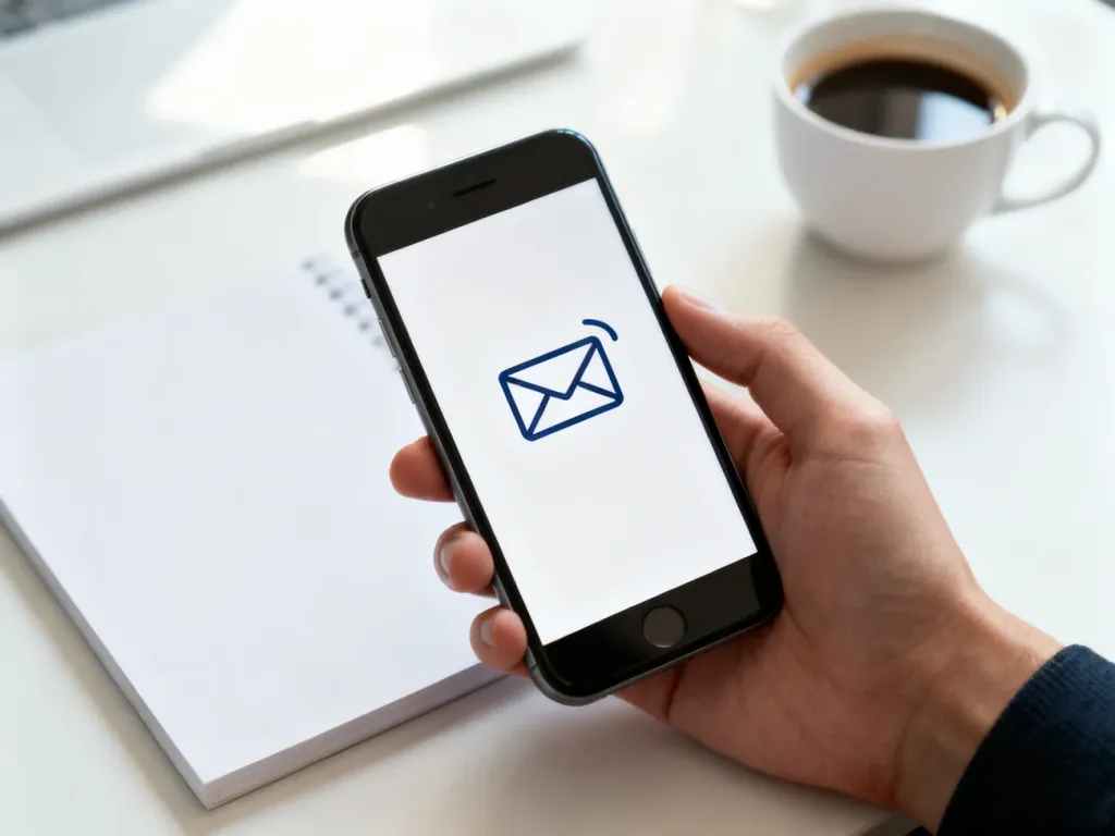 Dłoń trzymająca smartfon z ikoną powiadomienia e-mail na tle biurka, symbolizująca obsługę poczty elektronicznej.