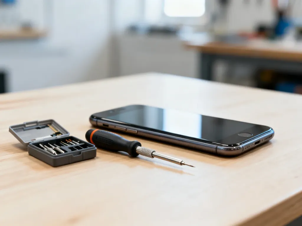 Profesjonalny zestaw narzędzi do naprawy smartfona przygotowany do wymiany baterii w iPhone 13 Pro na drewnianym biurku.