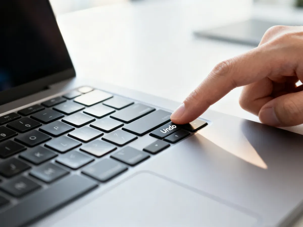 Palec naciskający klawisz „Undo” na klawiaturze laptopa, symbolizujący proces wycofywania wysłanej wiadomości e-mail.