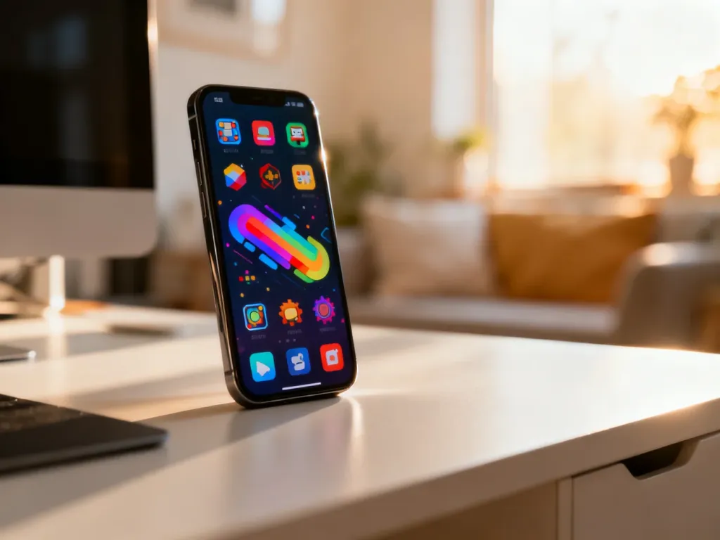 Nowoczesny smartfon z kolorowymi ikonami gier na tle przytulnego domowego biura.