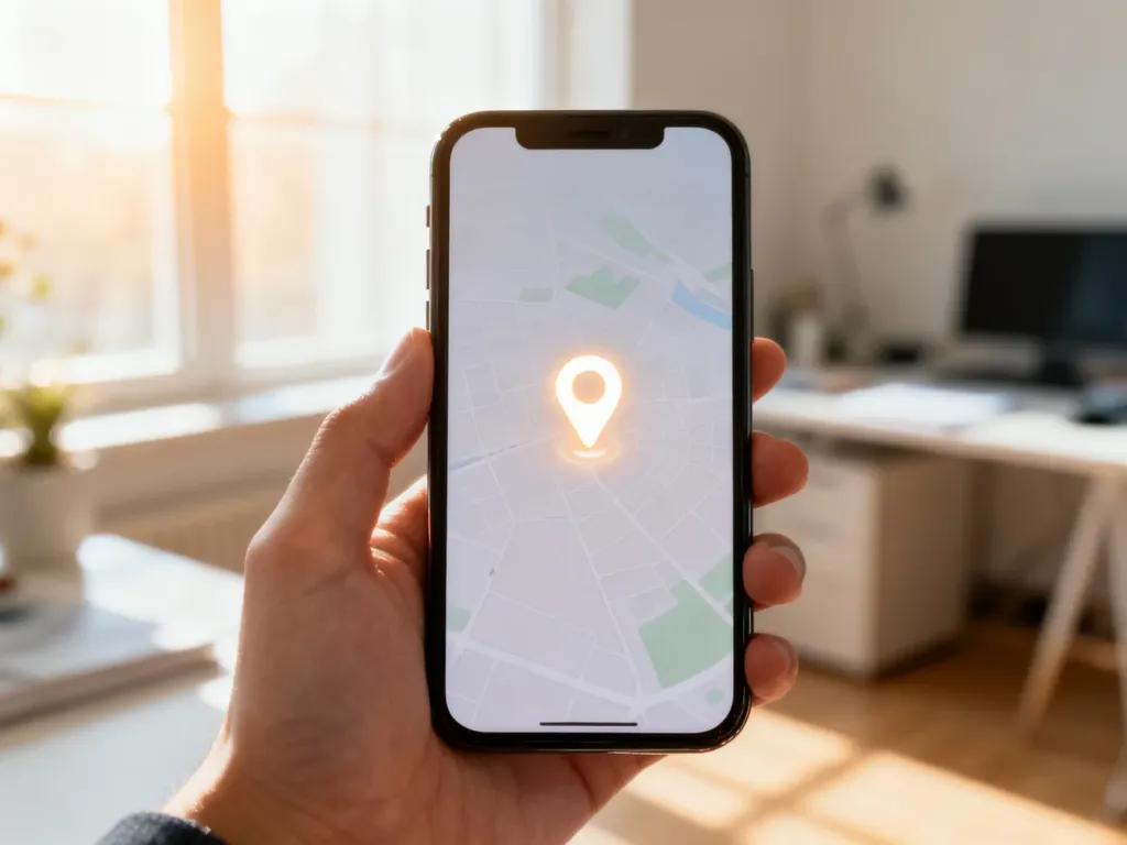 Dłoń trzymająca smartfon z wyświetloną mapą i pinezką lokalizacji w jasnym, domowym biurze.
