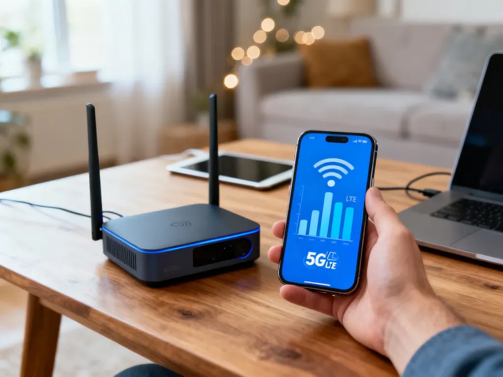 Smartfon z pełnym zasięgiem 5G obok przenośnego routera Wi‑Fi w domowym wnętrzu, symbol stabilnego internetu mobilnego, no text on the picture